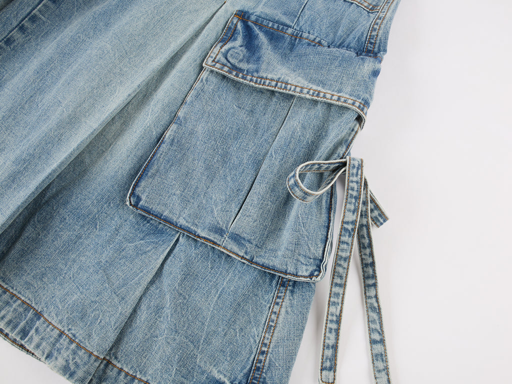 Multi-pocket pleated denim pants