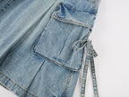 Multi-pocket pleated denim pants