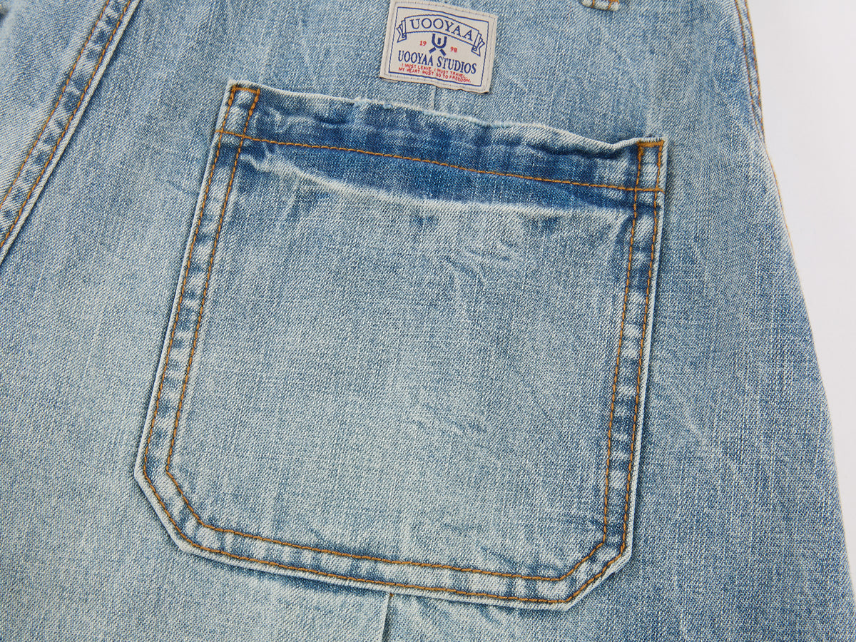Multi-pocket pleated denim pants