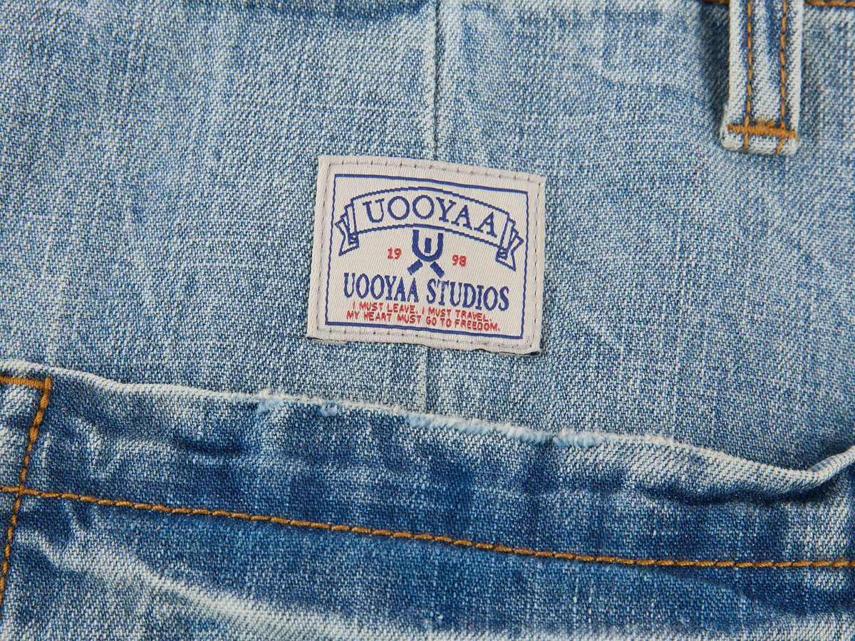 Multi-pocket pleated denim pants