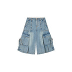 Multi-pocket pleated denim pants