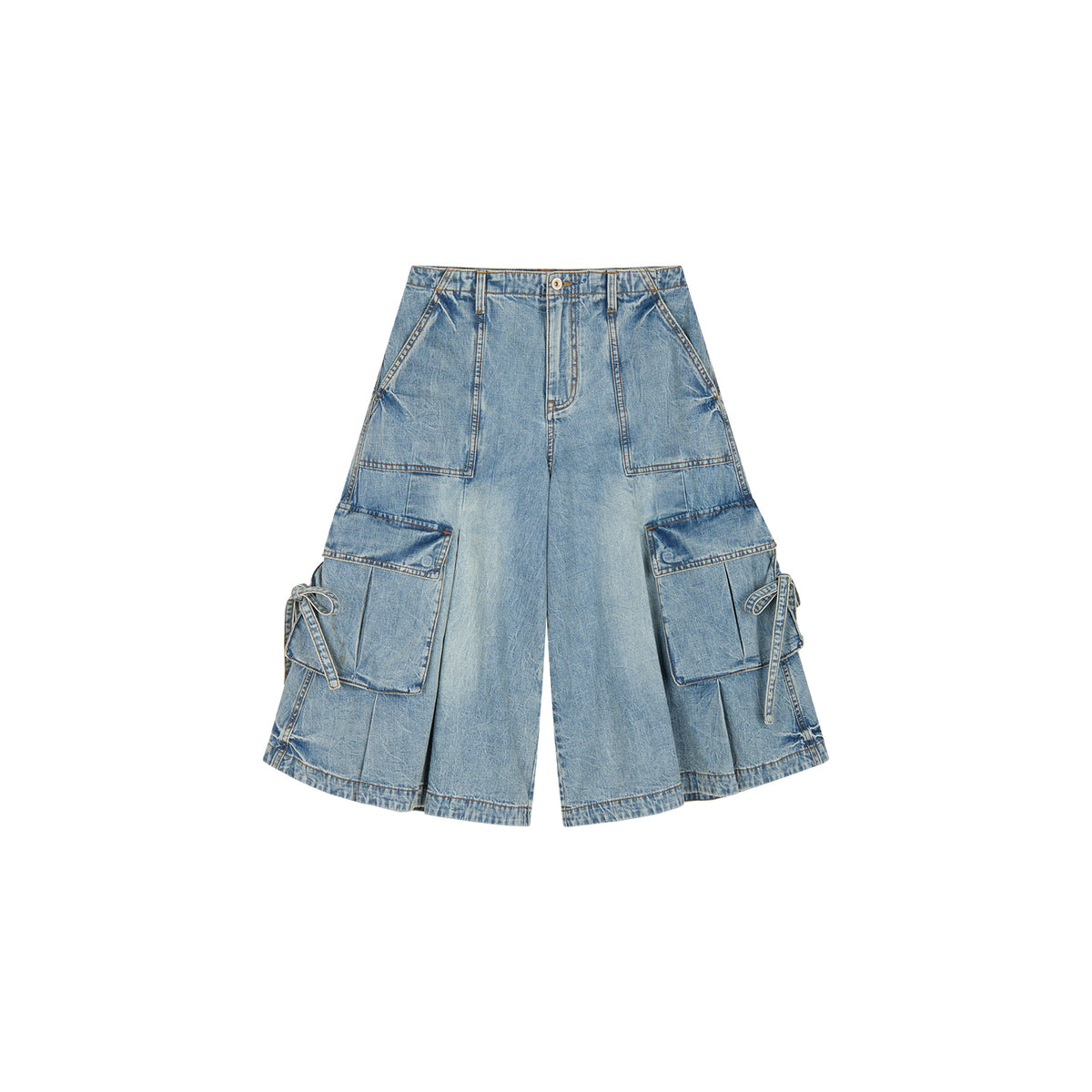 Multi-pocket pleated denim pants