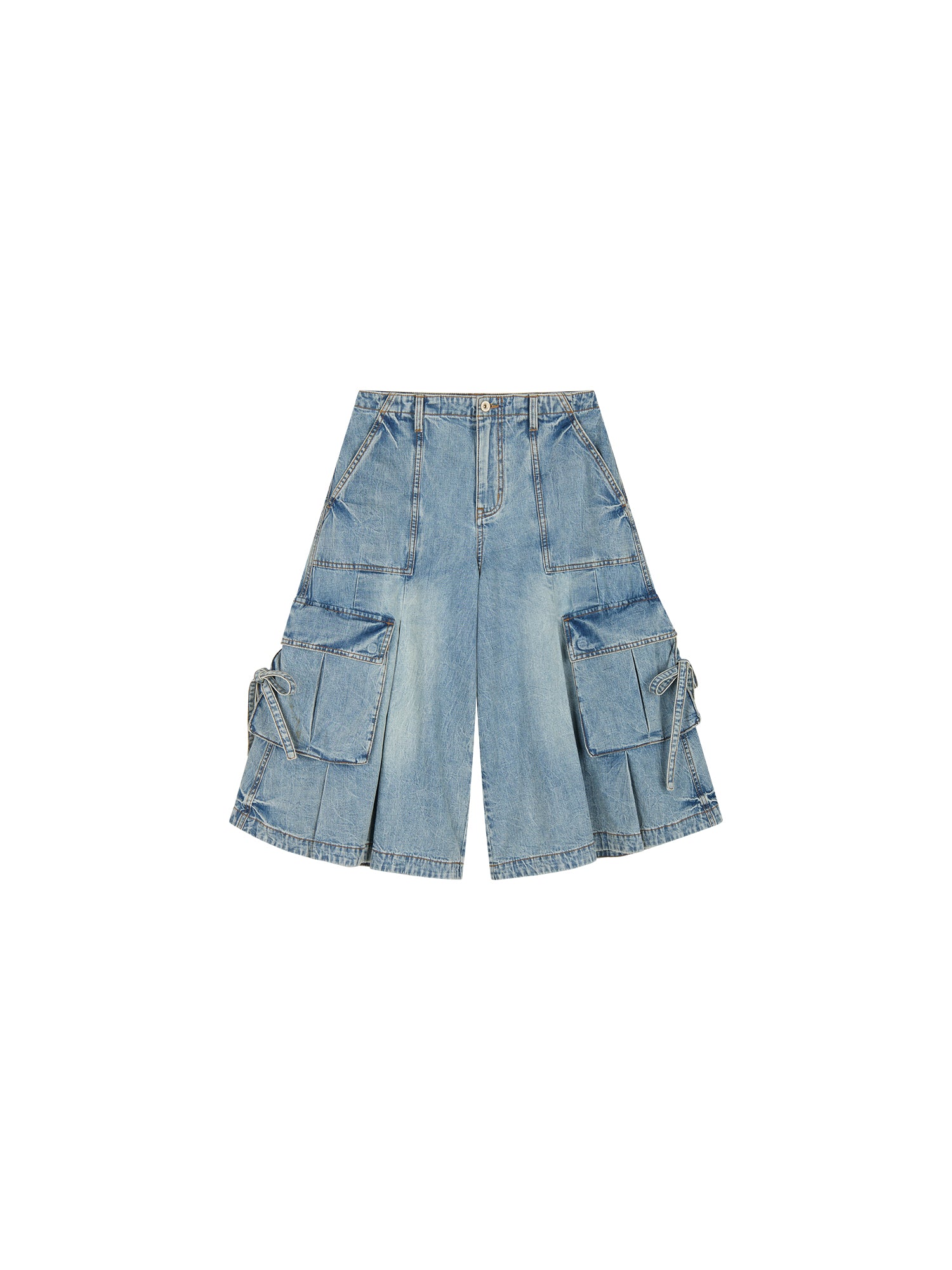 Multi-pocket pleated denim pants