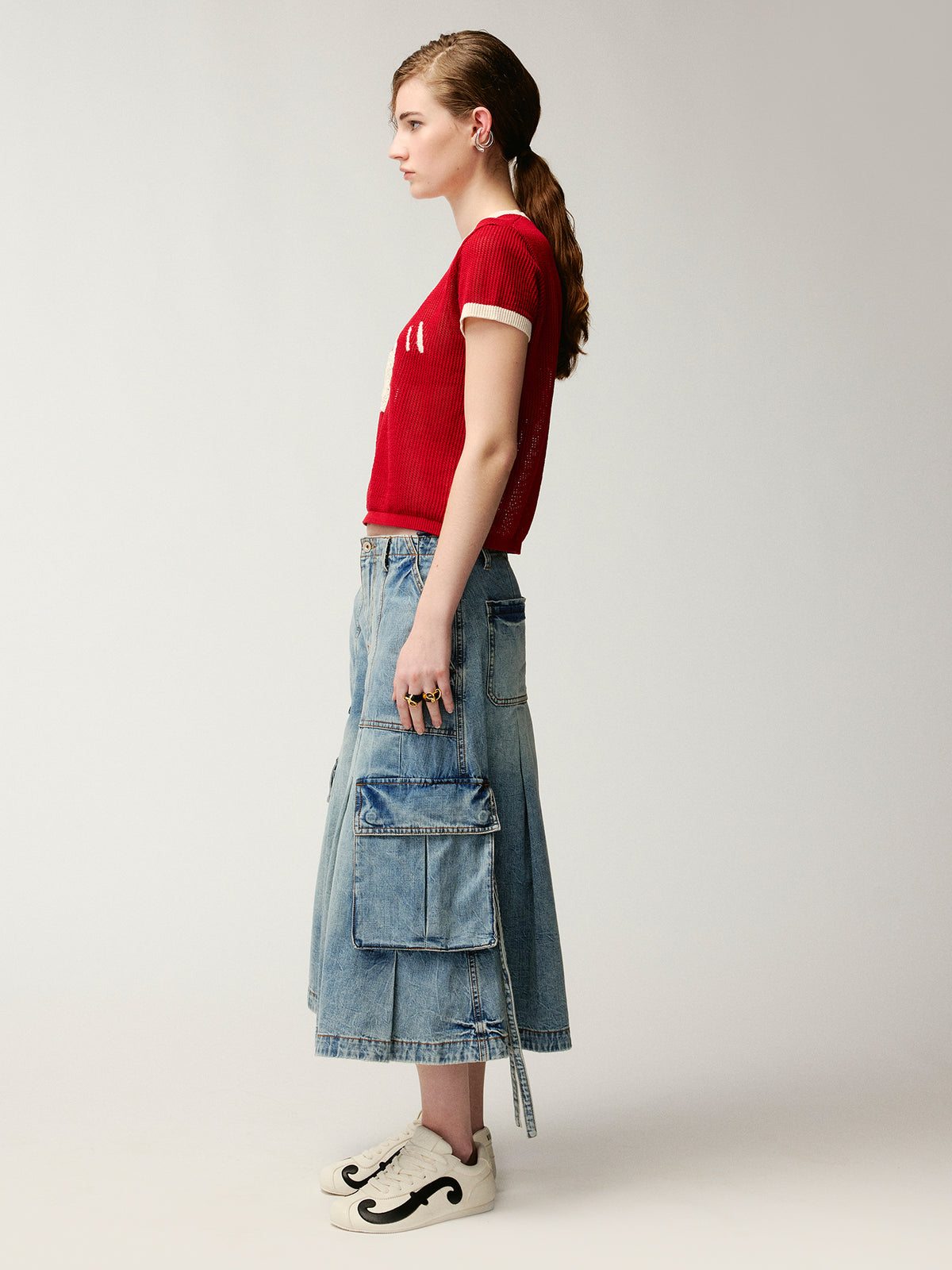 Multi-pocket pleated denim pants