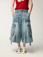 Multi-pocket pleated denim pants
