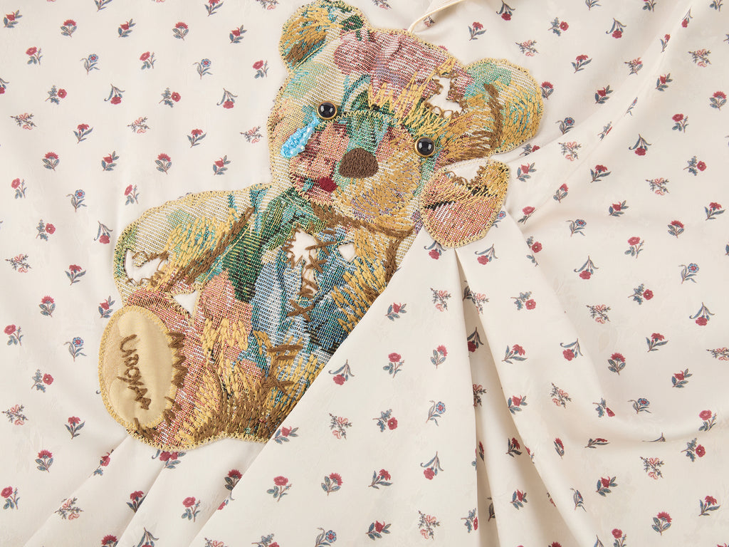 Sad bear jacquard appliqué pintuck shirt