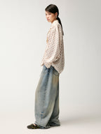 Sad bear jacquard appliqué pintuck shirt