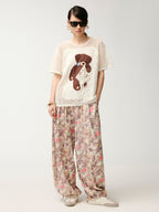 Sad bear embroidered hollow knit T-Shirt