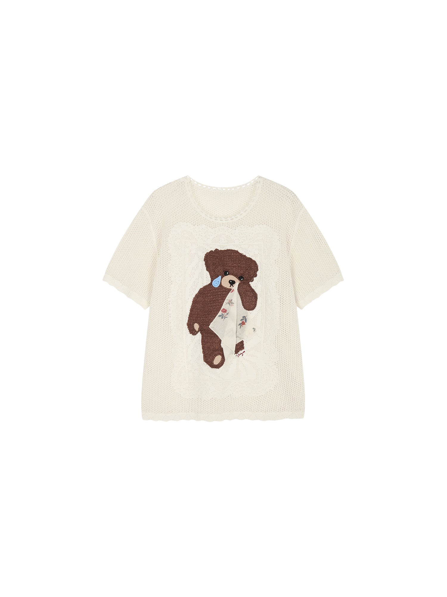 Sad bear embroidered hollow knit T-Shirt