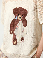 Sad bear embroidered hollow knit T-Shirt