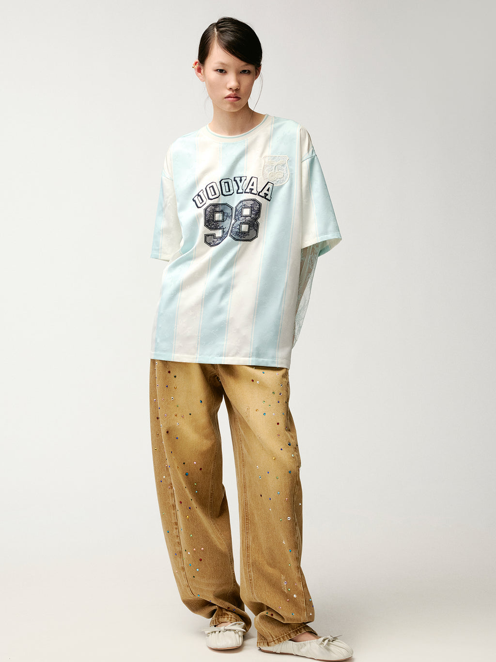 Lace spliced faux two-piece sport T-Shirt