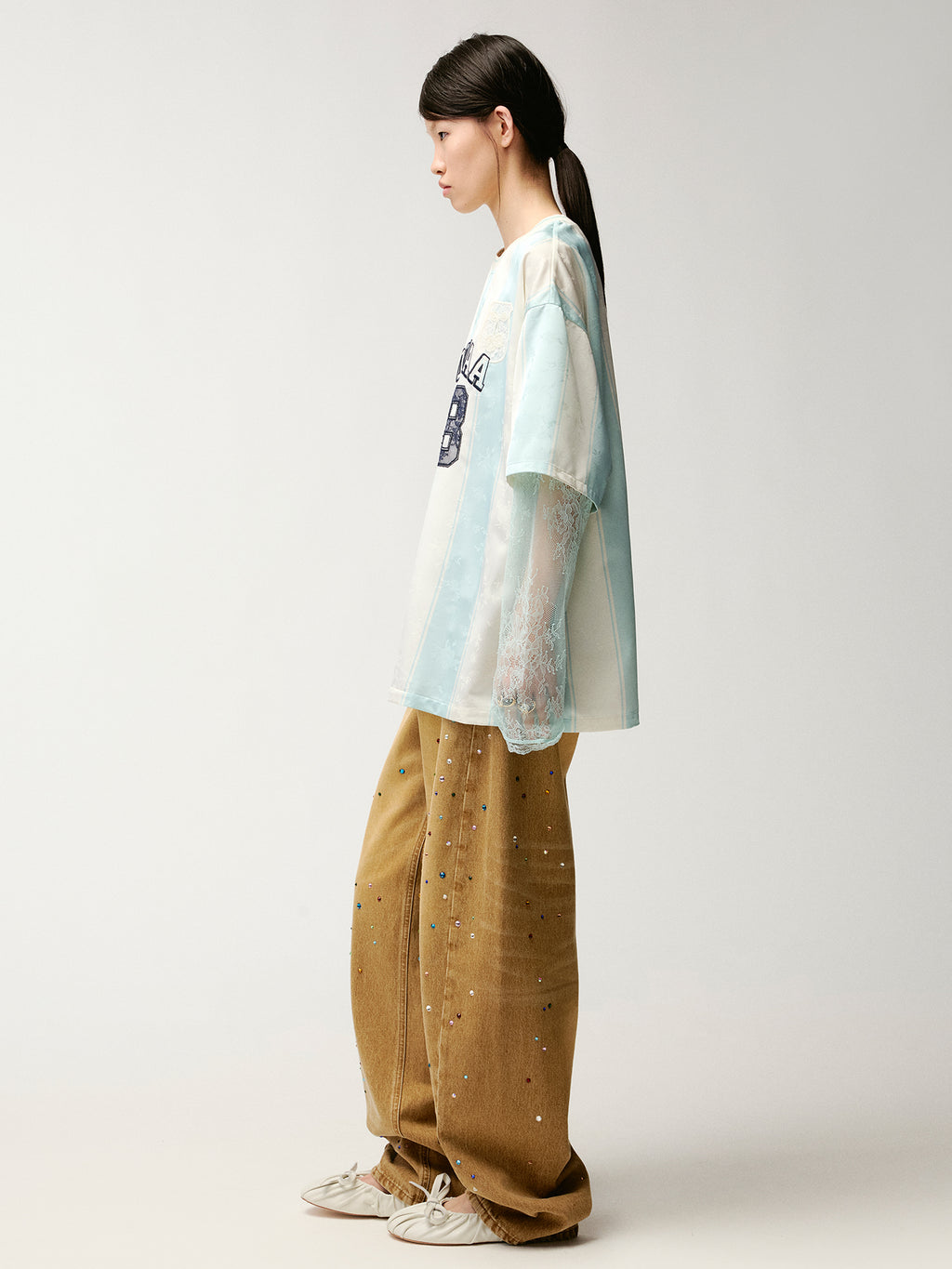 Lace spliced faux two-piece sport T-Shirt