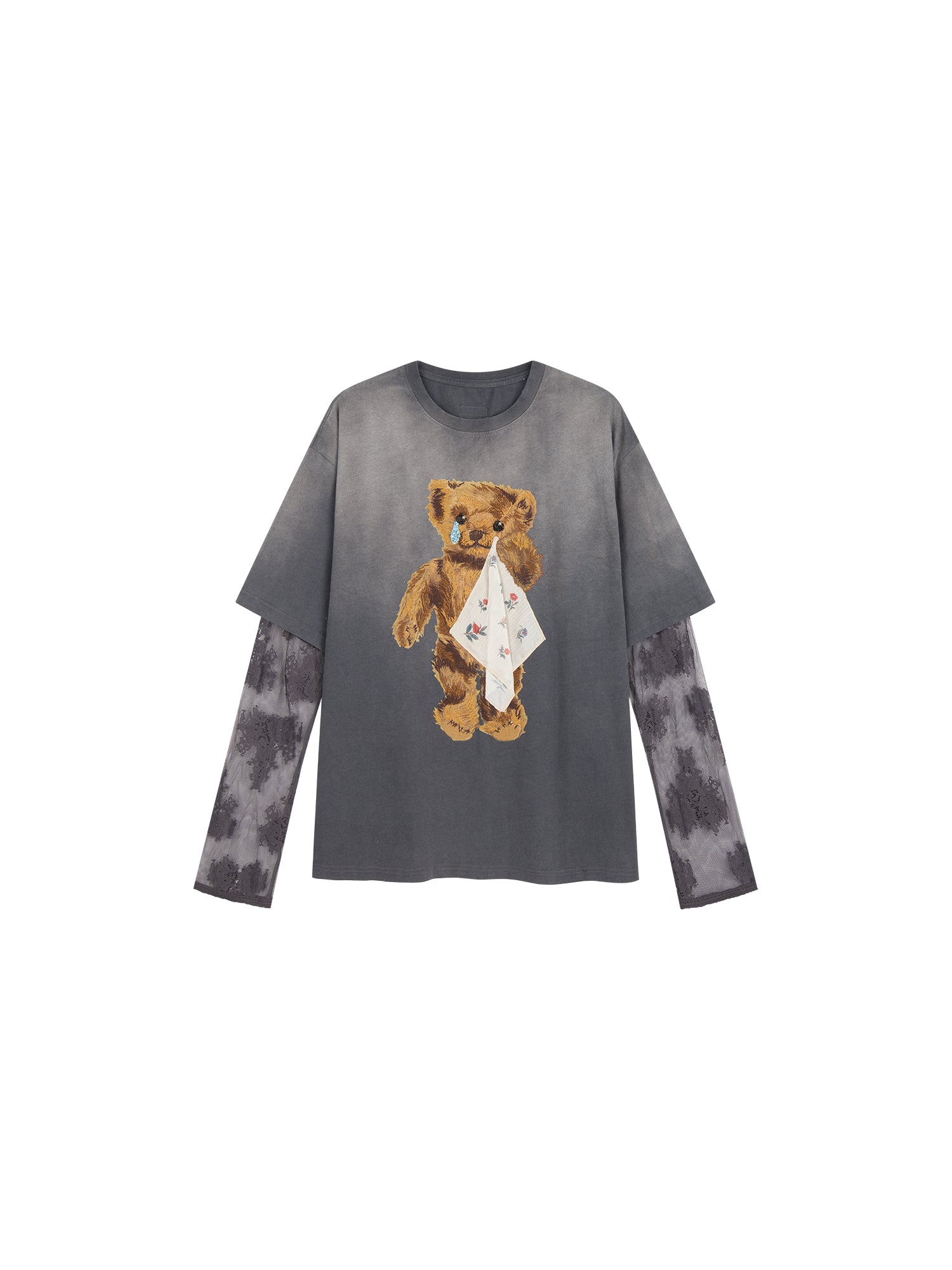 Sad bear appliqué embroidery faux two-piece T-Shirt