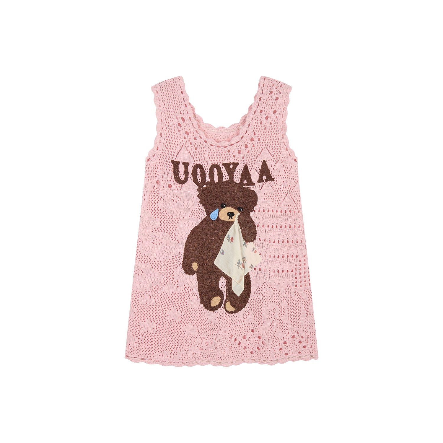 Sad bear embroidered hollow knit dress