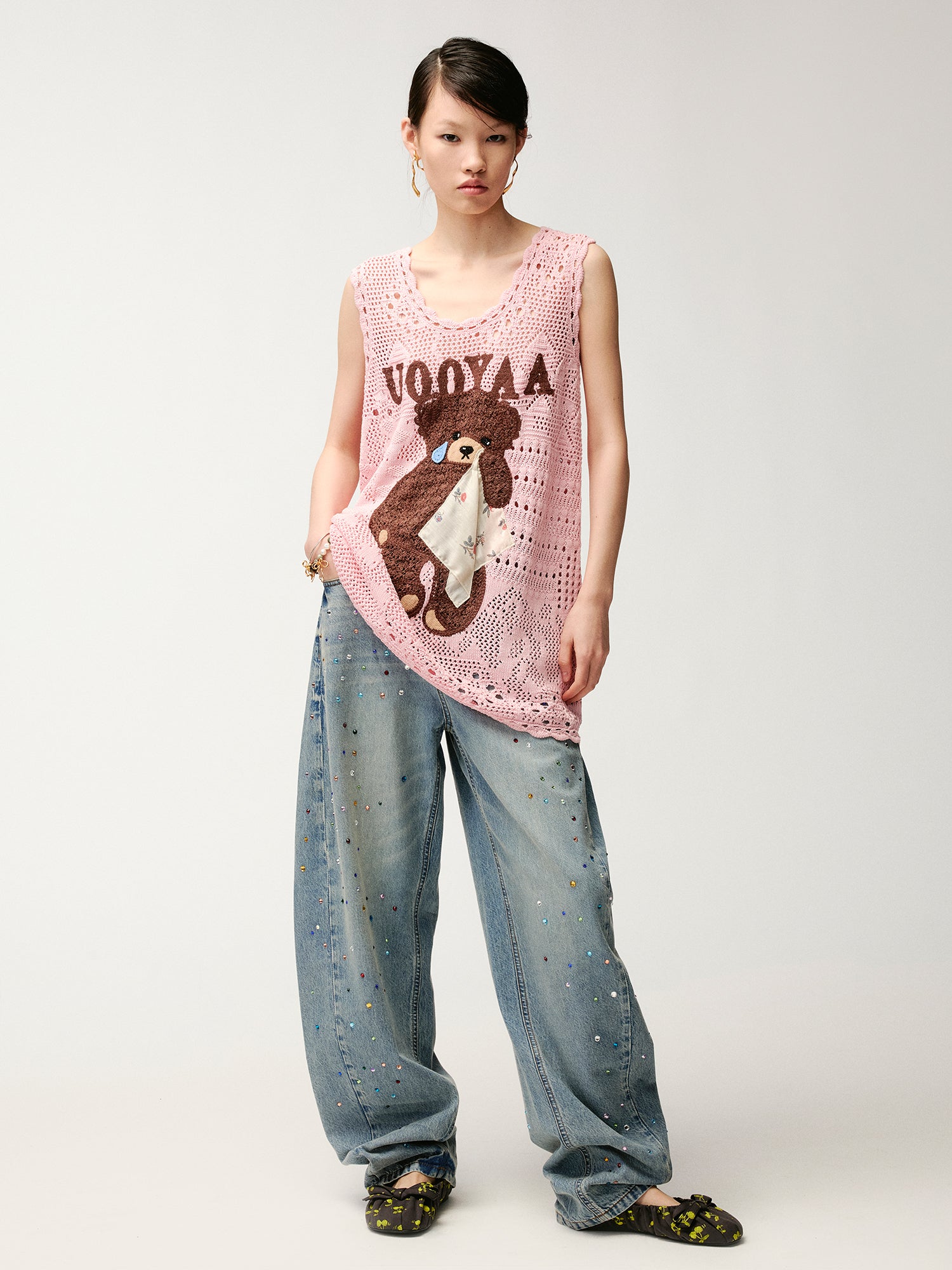 Sad bear embroidered hollow knit dress