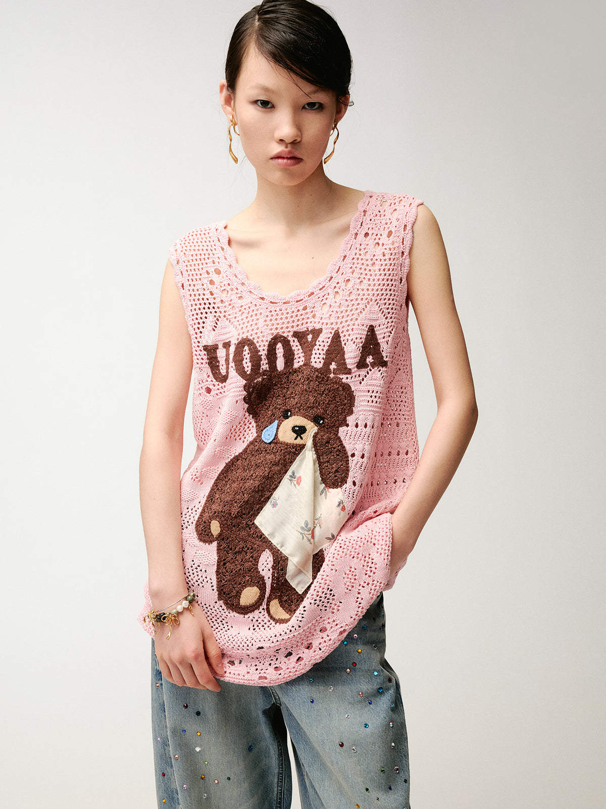Sad bear embroidered hollow knit dress
