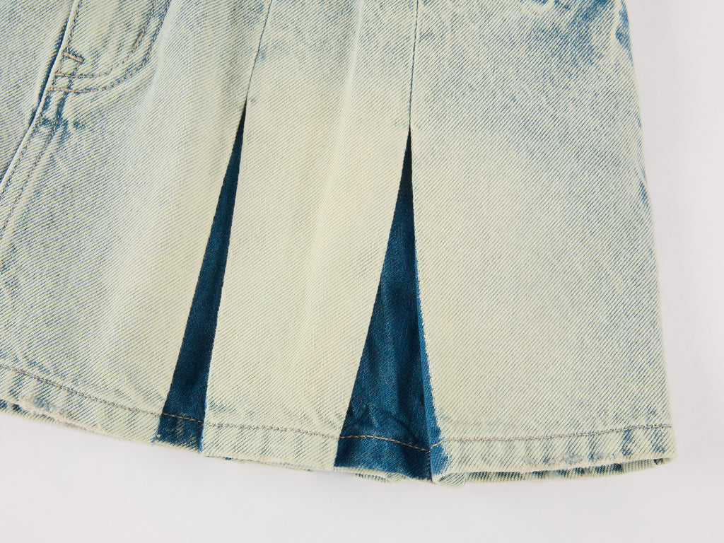 Washed pleated denim mini skirt