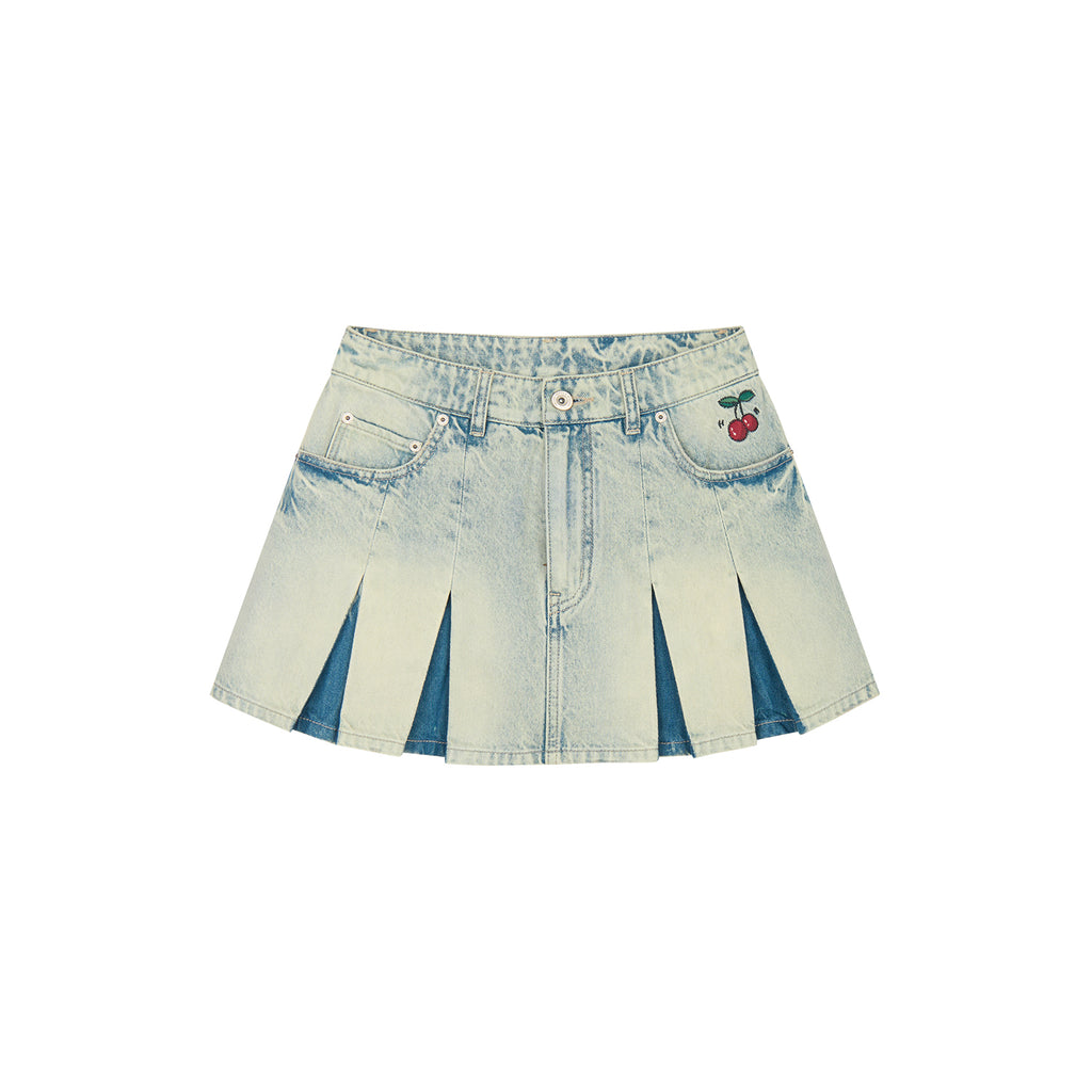 Washed pleated denim mini skirt