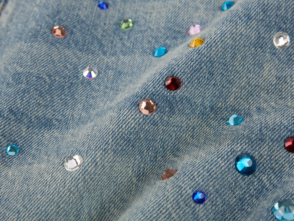 Rhinestone curved denim trousers