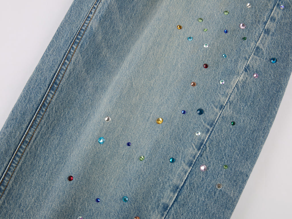 Rhinestone curved denim trousers