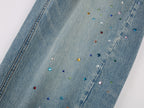 Rhinestone curved denim trousers