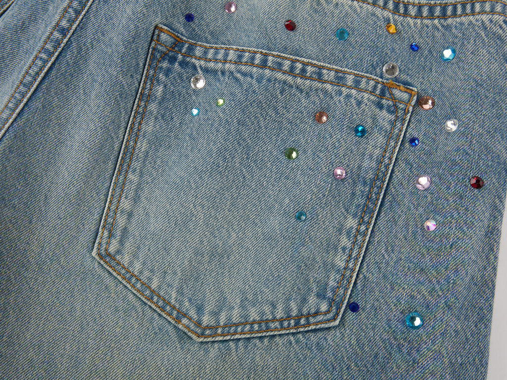 Rhinestone curved denim trousers