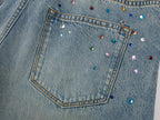 Rhinestone curved denim trousers
