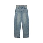 Rhinestone curved denim trousers
