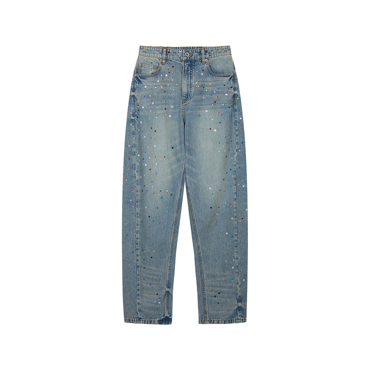 Rhinestone curved denim trousers