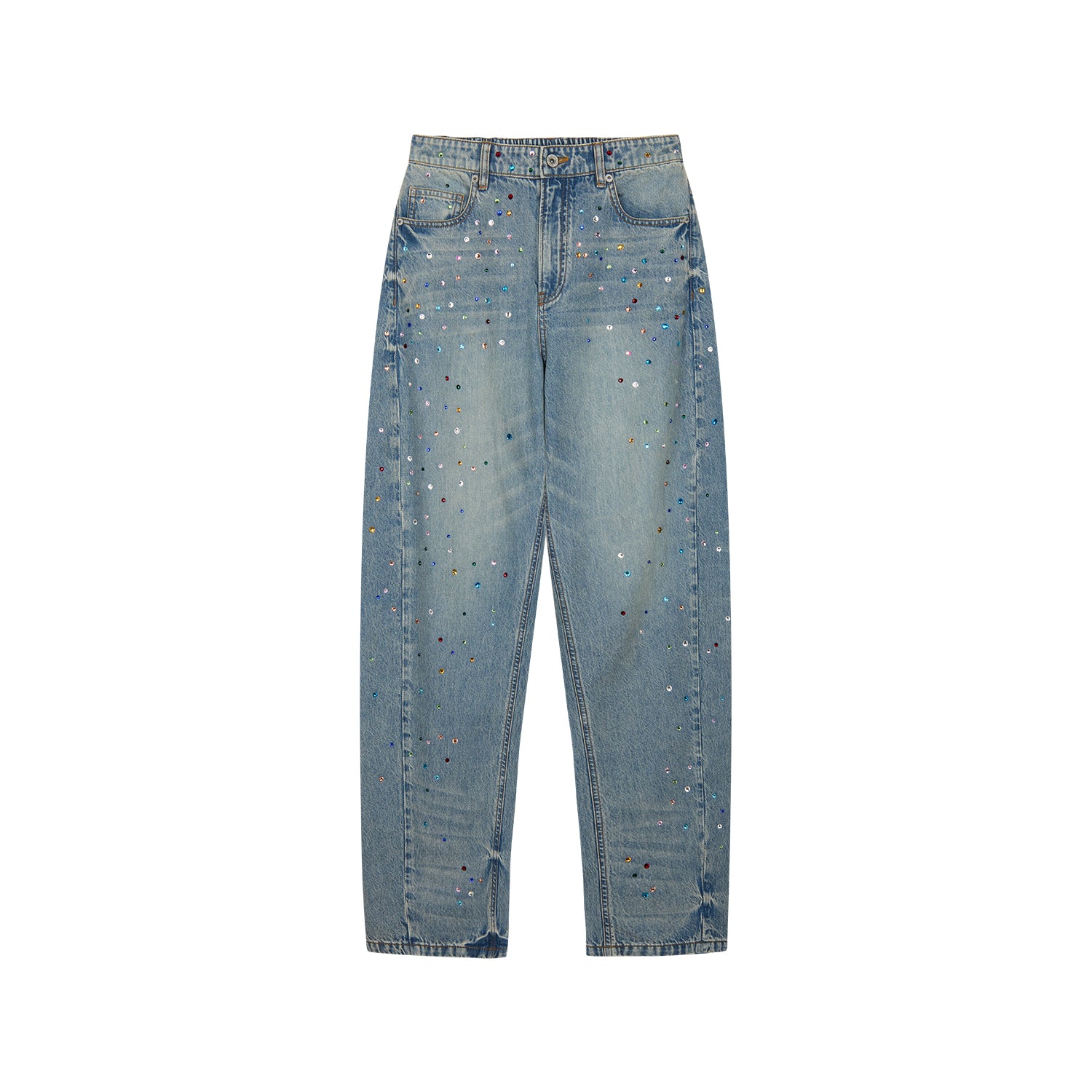 Rhinestone curved denim trousers