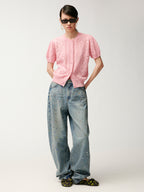 Rhinestone curved denim trousers