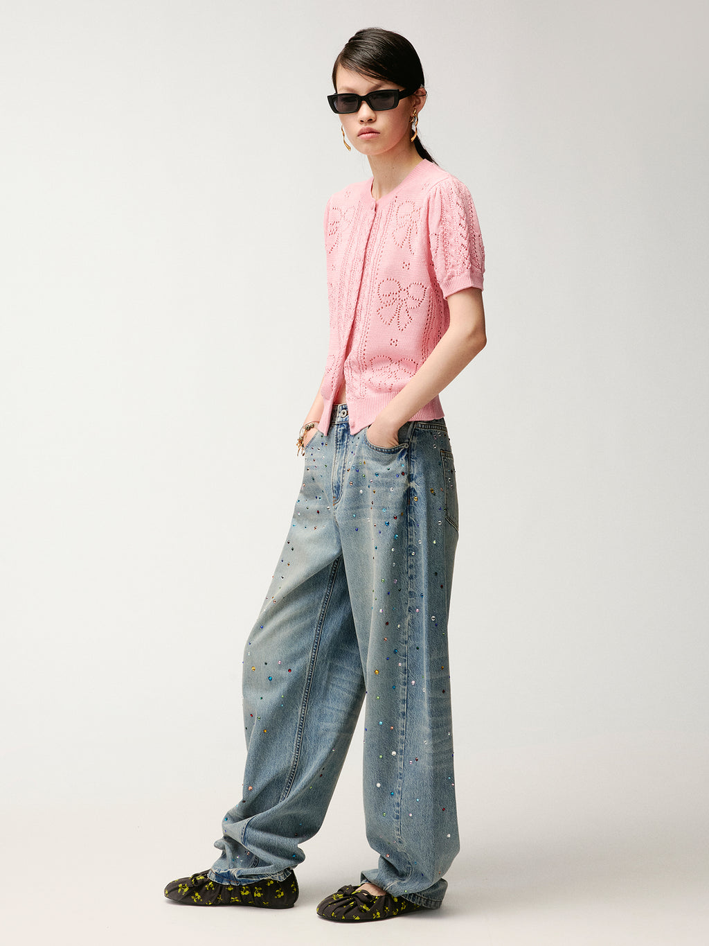 Rhinestone curved denim trousers