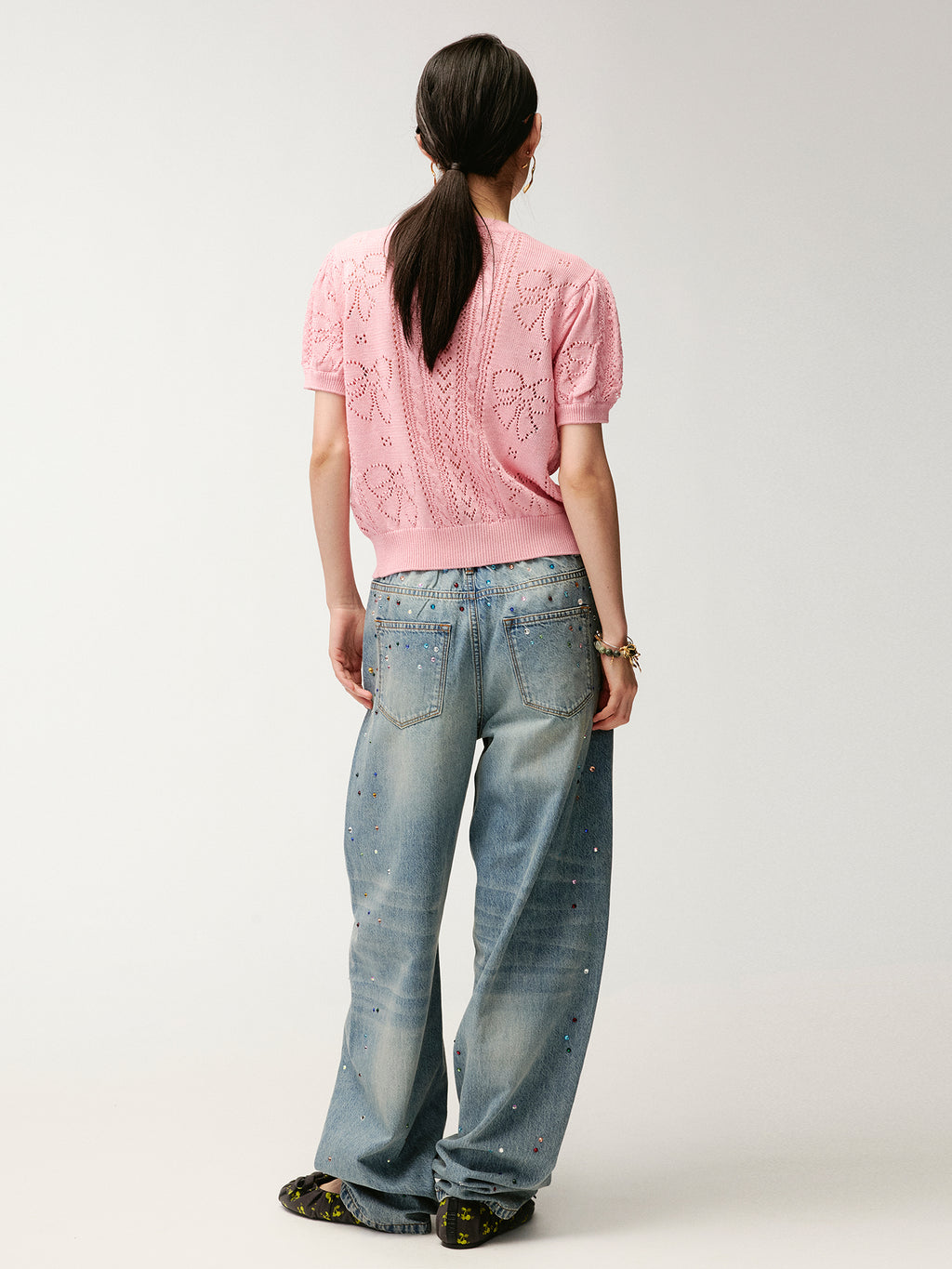 Rhinestone curved denim trousers