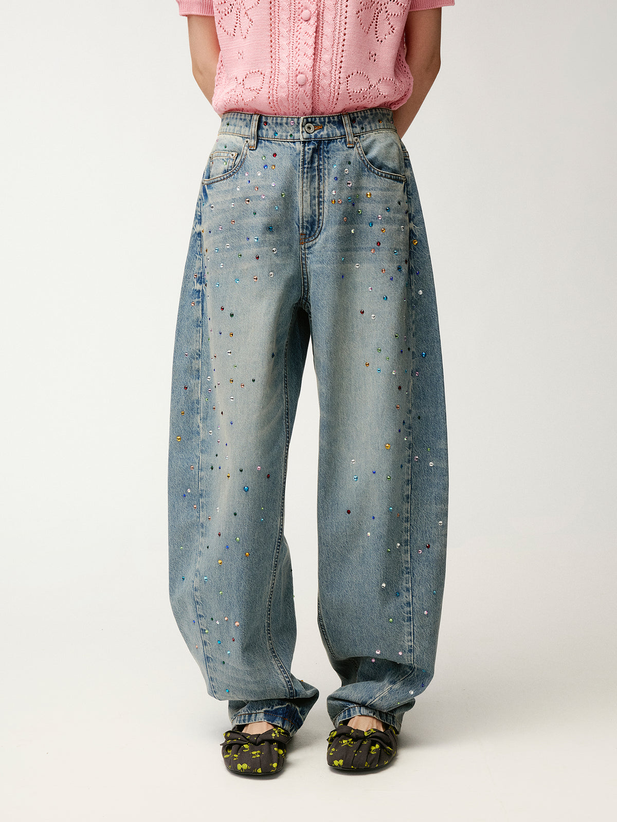 Rhinestone curved denim trousers