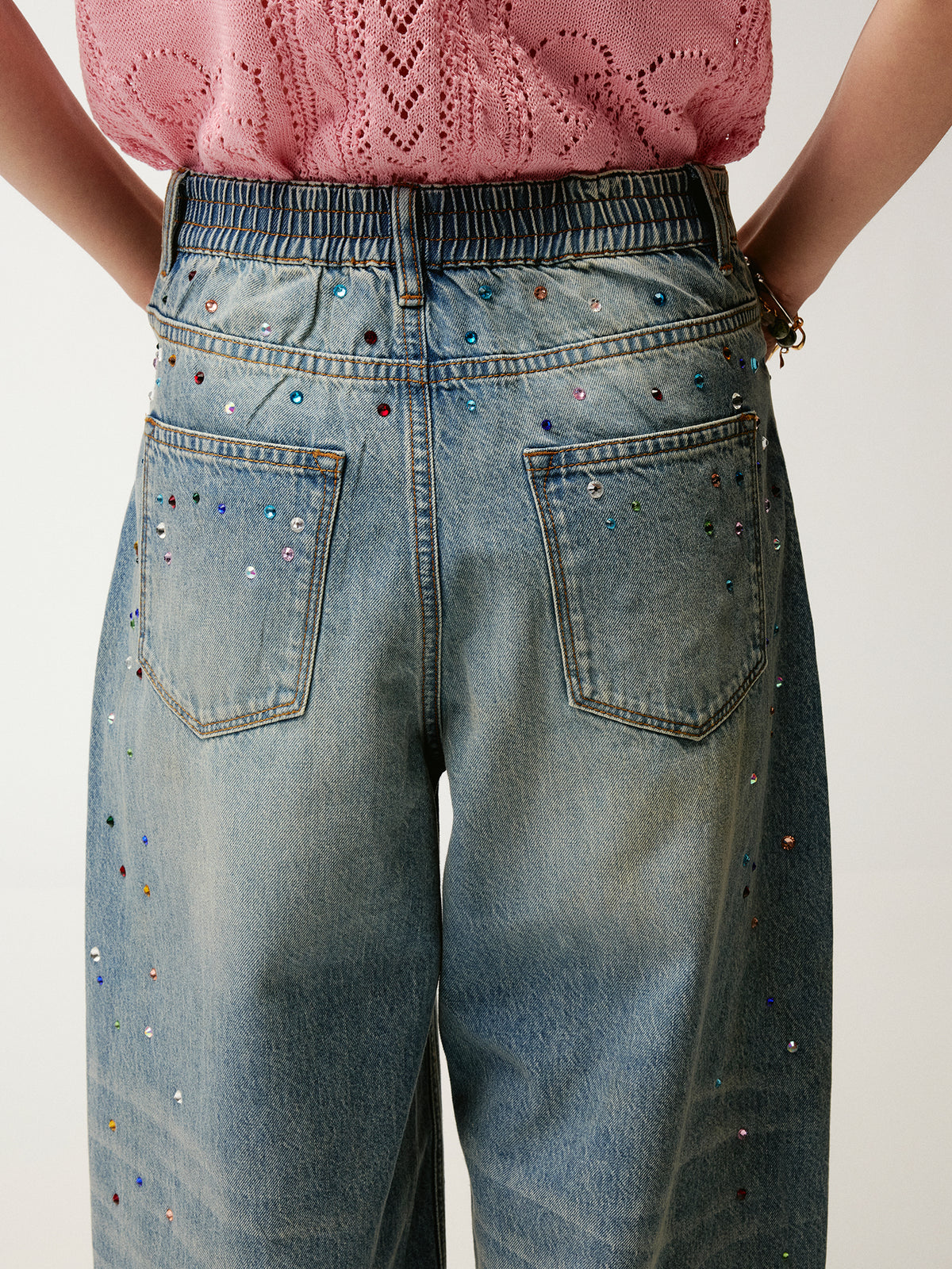 Rhinestone curved denim trousers