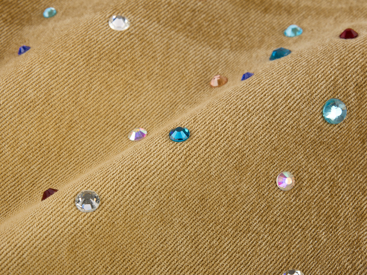 Rhinestone curved denim trousers