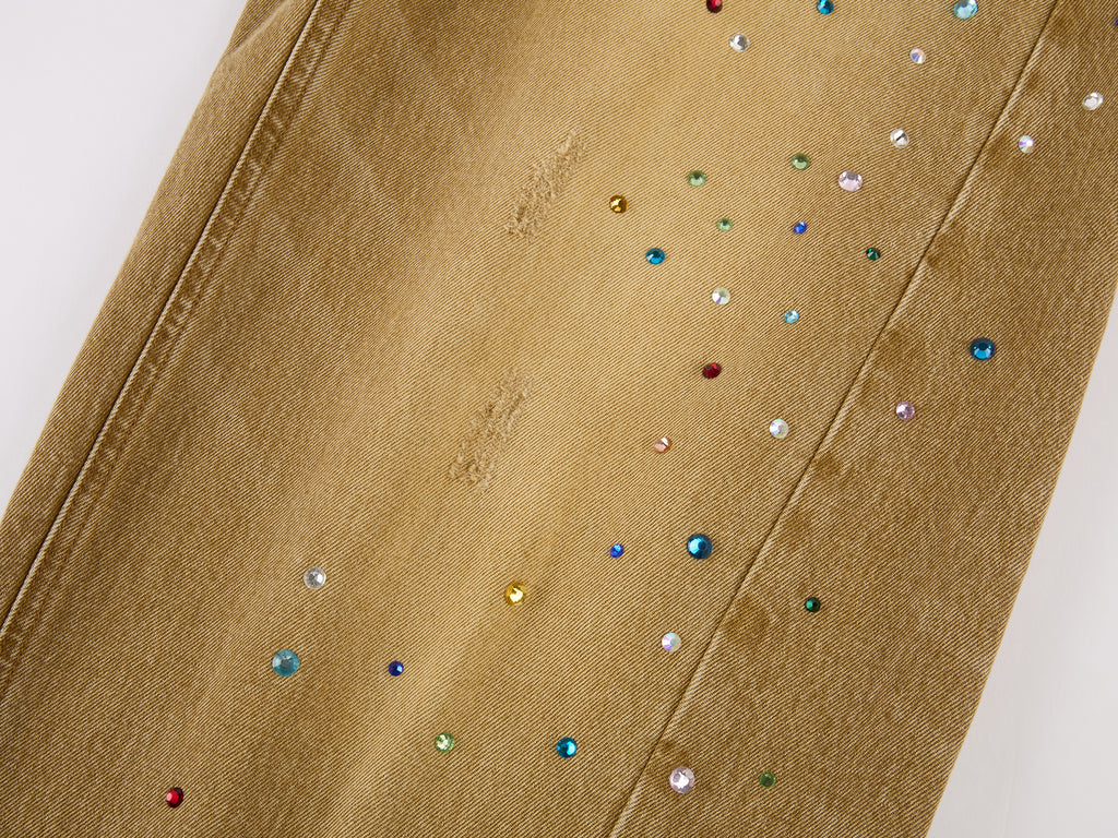 Rhinestone curved denim trousers