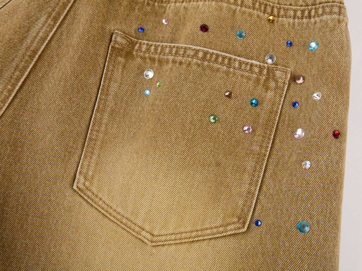 Rhinestone curved denim trousers