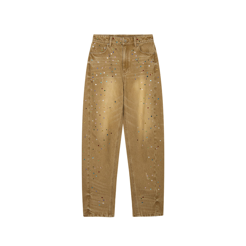 Rhinestone curved denim trousers