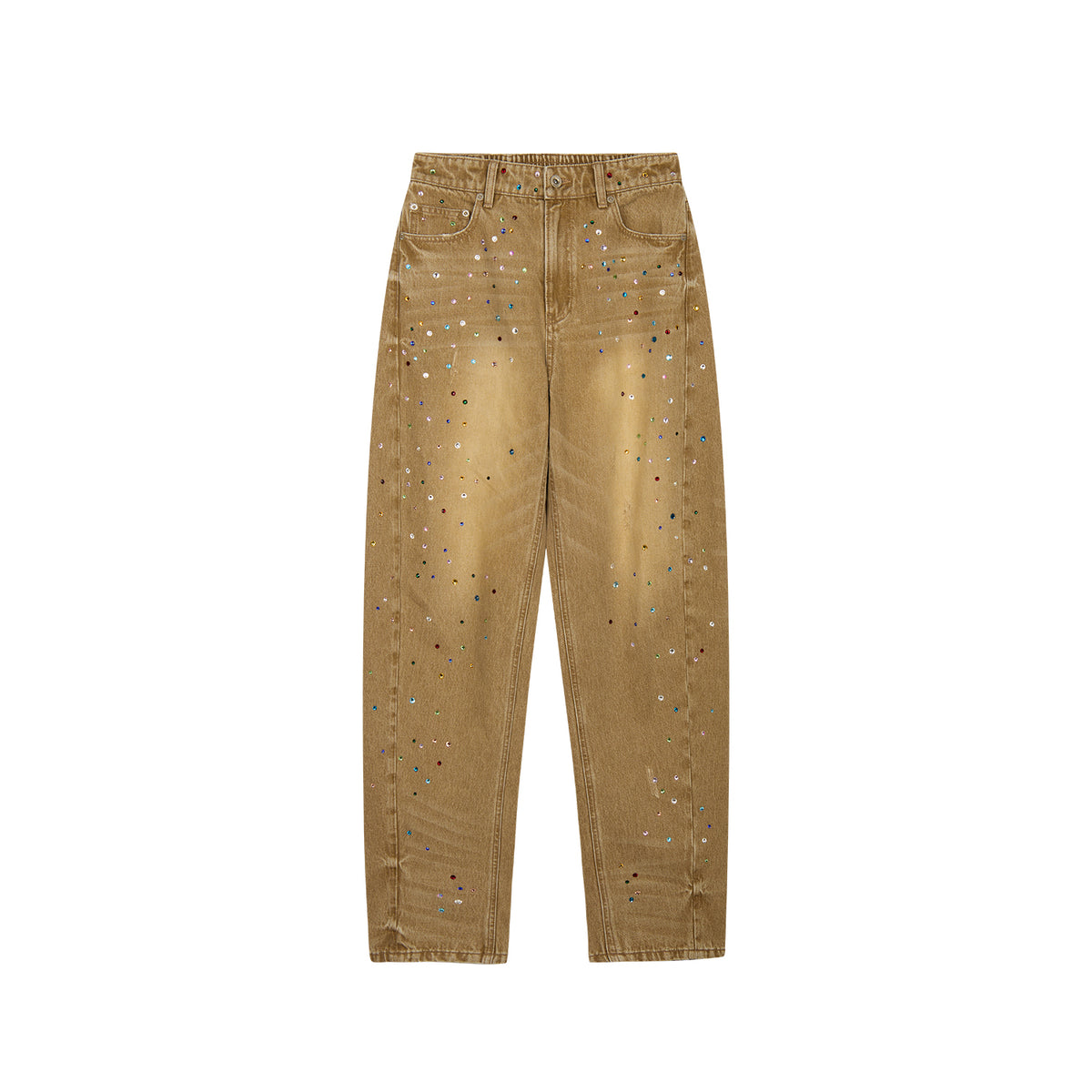 Rhinestone curved denim trousers