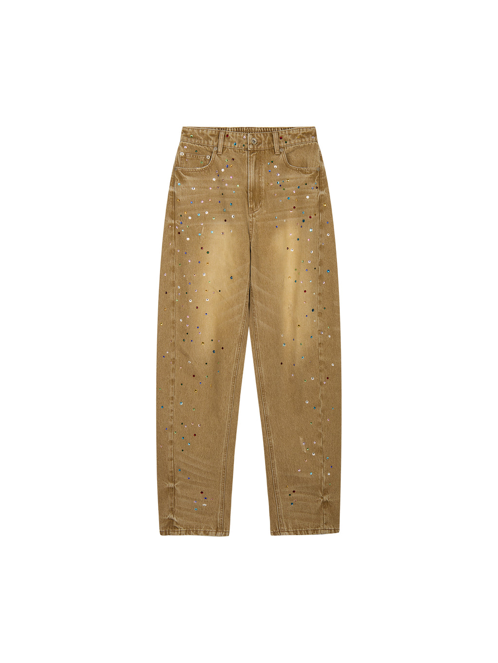 Rhinestone curved denim trousers