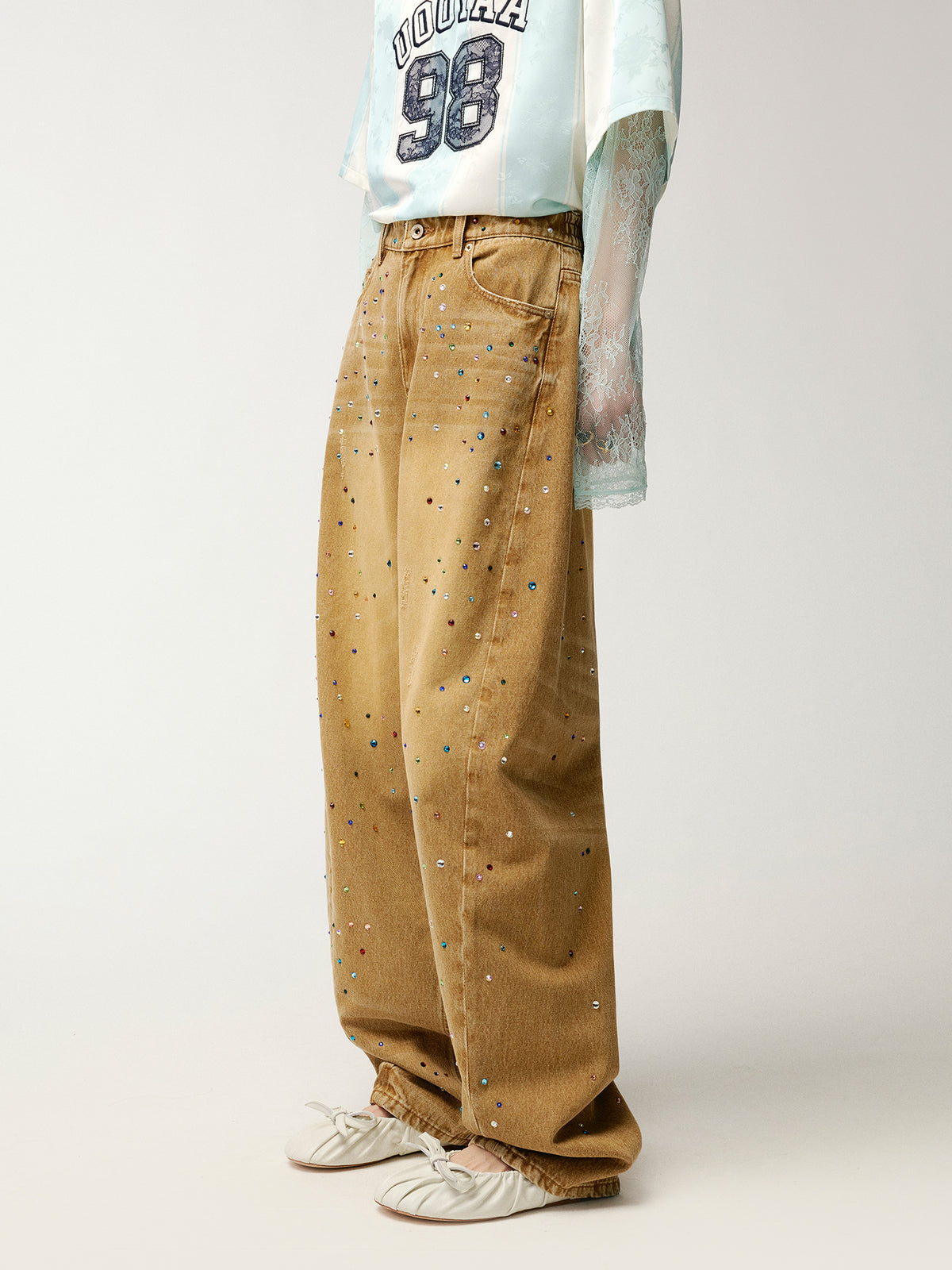 Rhinestone curved denim trousers