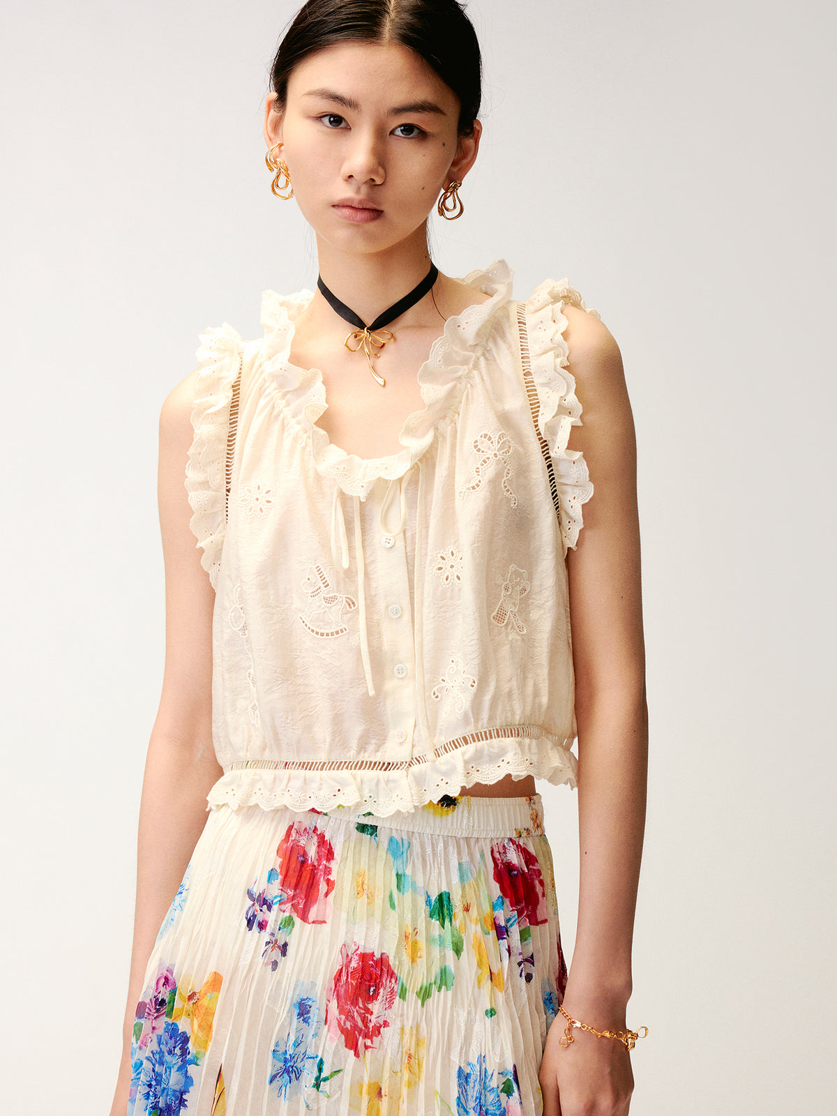Openwork embroidered wool-blend vest