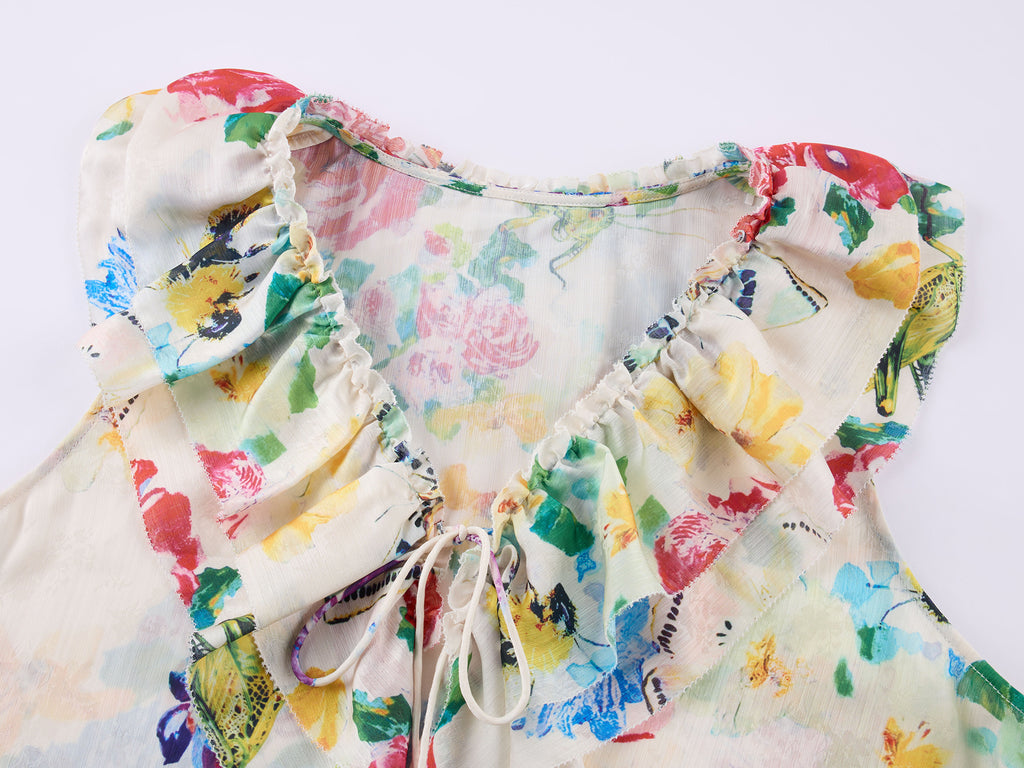 Floral ruffle and insect print vest