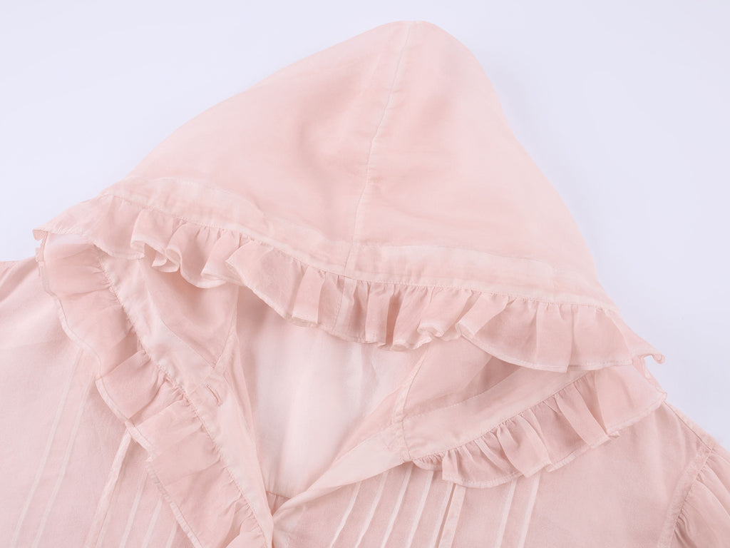 Cold-dyed ruffled hooded shirt