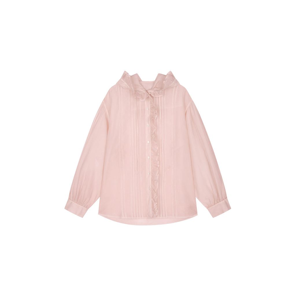 Cold-dyed ruffled hooded shirt