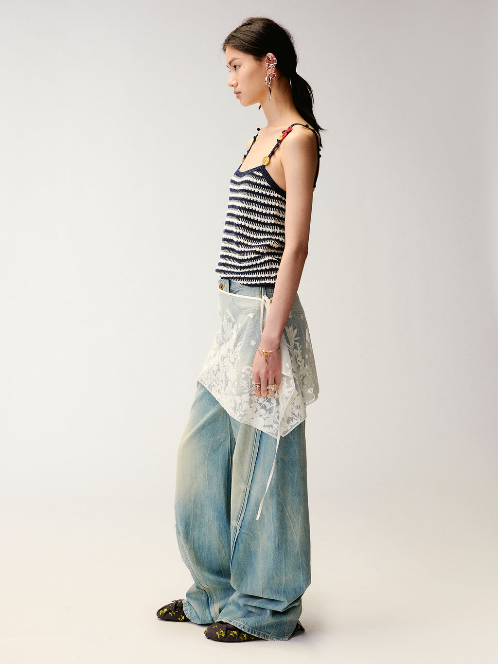 Hand-crocheted 3D floral and insect print knit cami