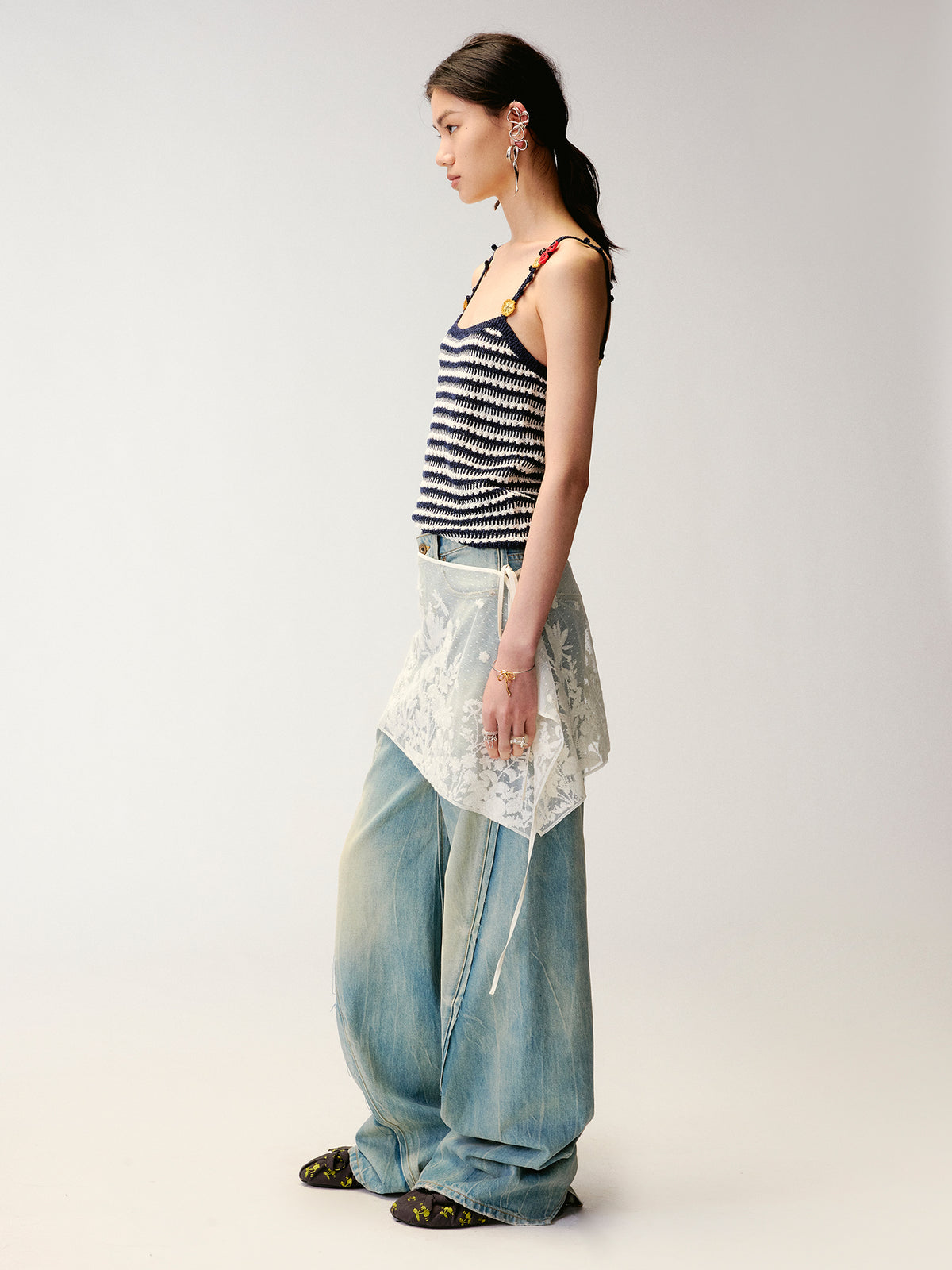 Hand-crocheted 3D floral and insect print knit cami