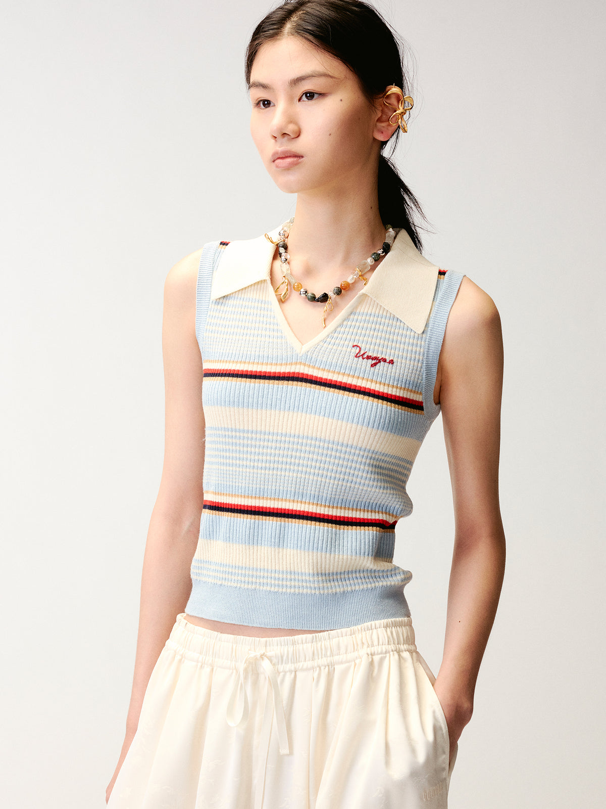 Polo-collar striped knit vest