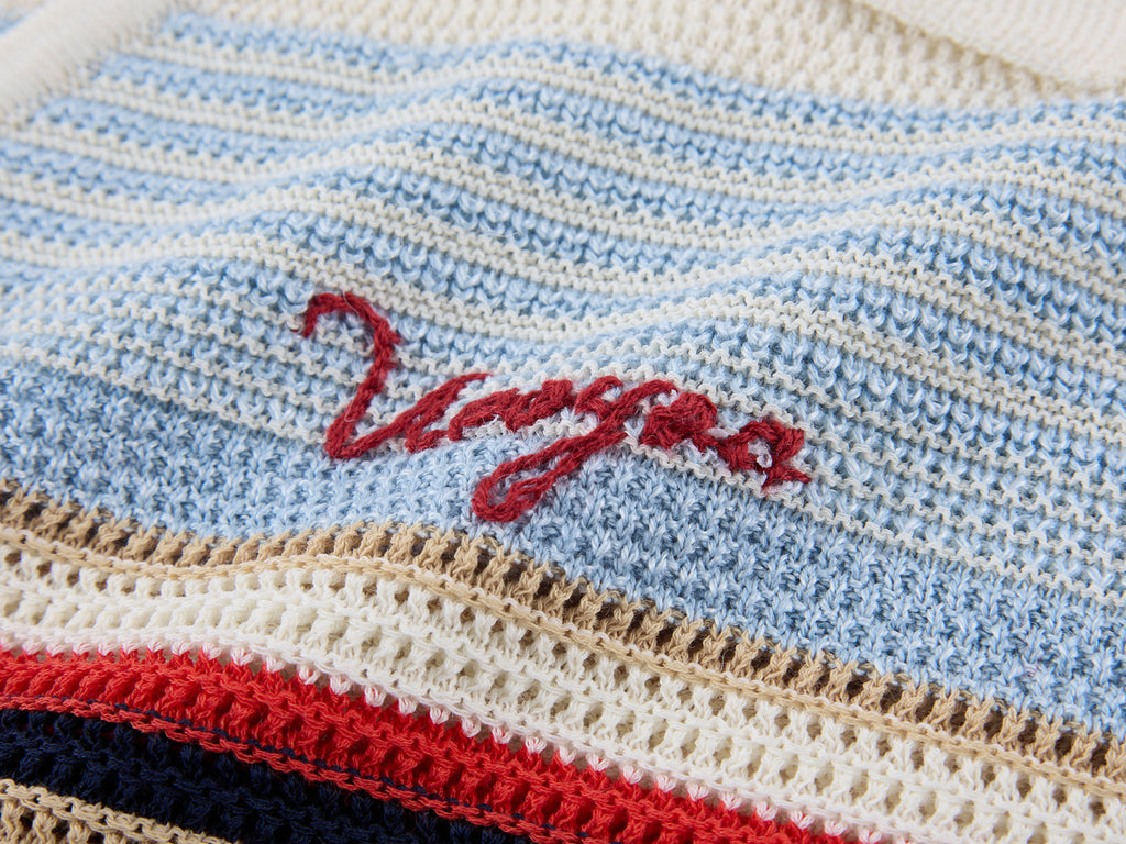 Polo-collar striped puff-sleeve knit T-shirt